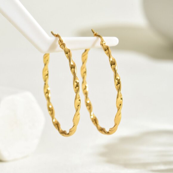 3/$35 Large Statement Gold Twisted Rope Hoop Earrings Stainless Steel Chunky - Picture 5 of 7